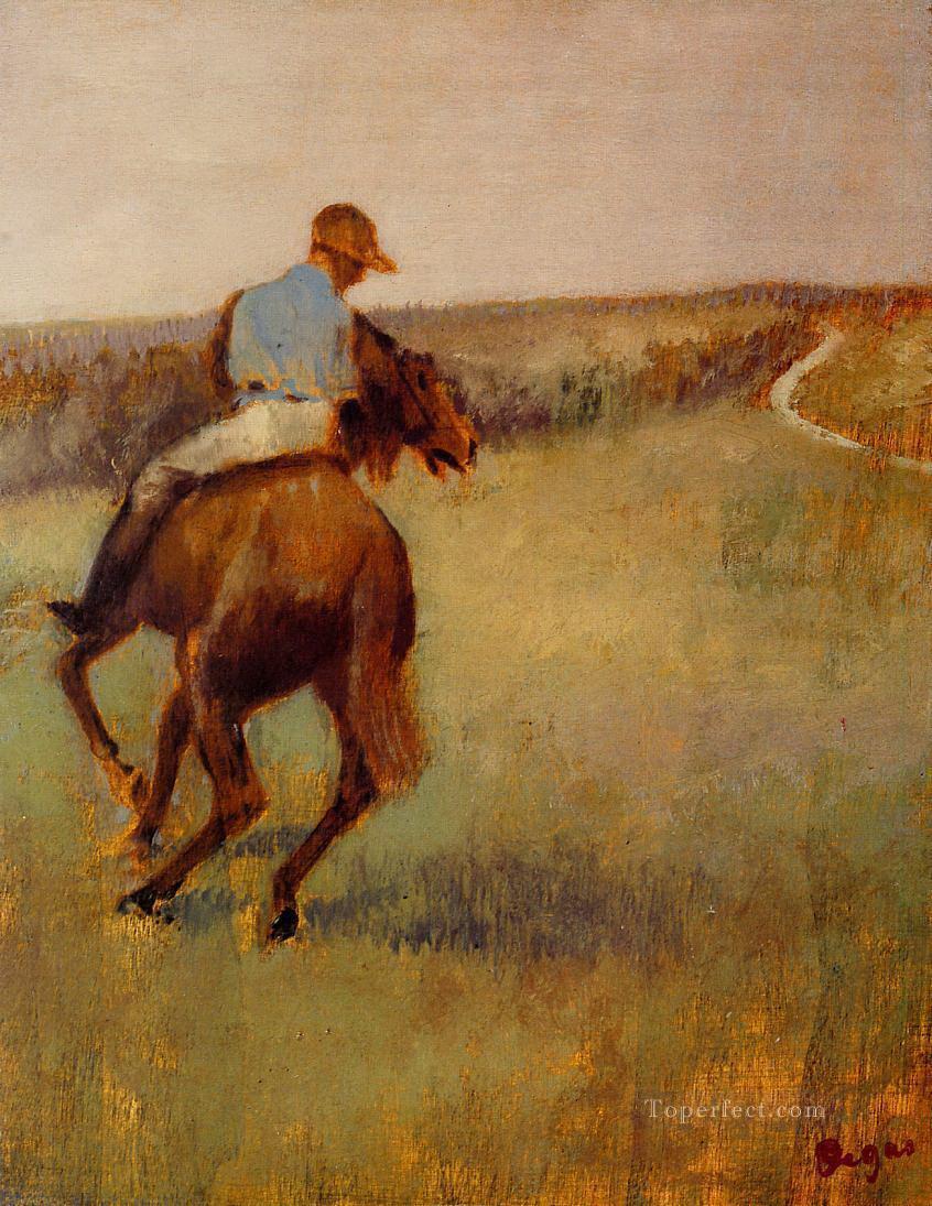 栗色の馬に乗る青い服の騎手 エドガー・ドガ油絵